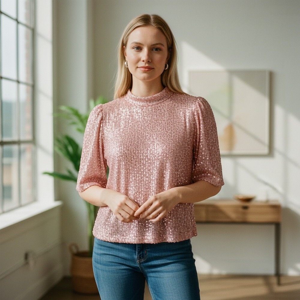 THML Pink Sequin Mock Neck Puff Sleeve Top Large Cocktail Festive Bling Sparkle